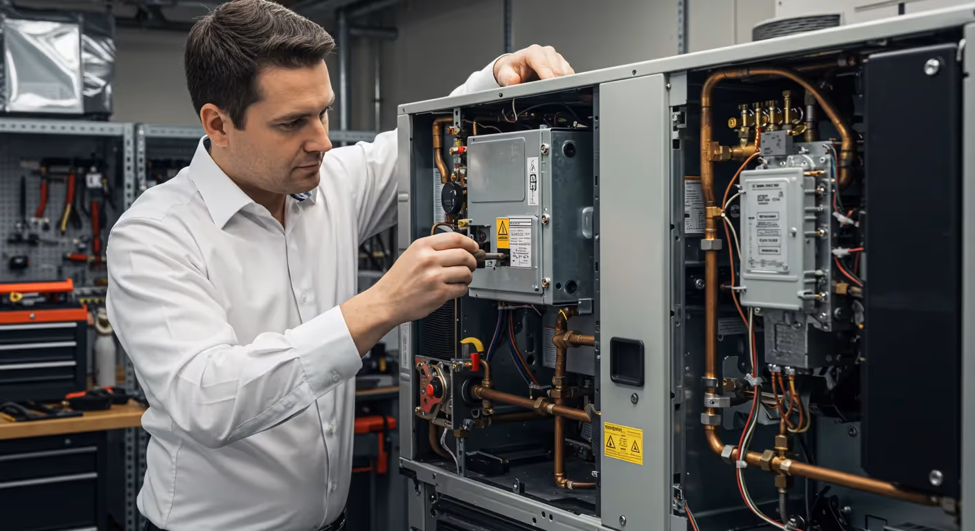 A man in a white shirt and tie works on the internal components of a complex heating and cooling system.