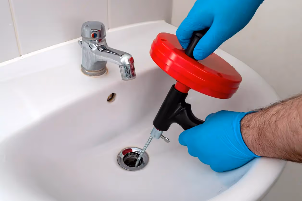 A person wearing blue gloves uses a red and black drain snake to clear a clog in a white bathroom sink.