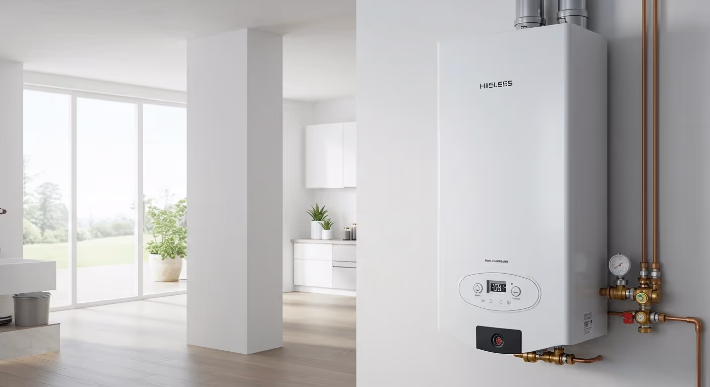 A clean white "HILLSEES" brand tankless water heater is mounted on a white wall, with copper pipes and gauges on the side, in a bright modern room with white cabinets and a large window.