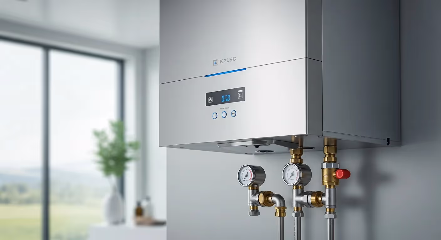 A silver "Kiplec" brand tankless water heater with a blue and white digital display and two gauges is mounted on a light gray wall.