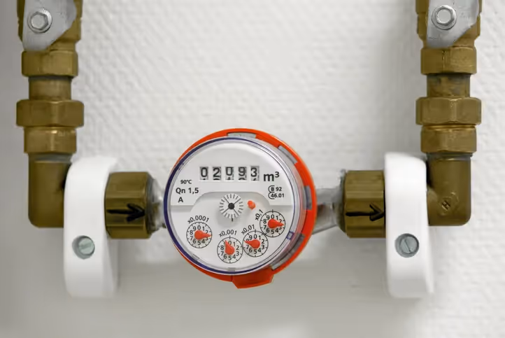 A close-up of a single red-ringed water meter centrally mounted on a white wall, connected by two brass pipes with white mounting brackets.