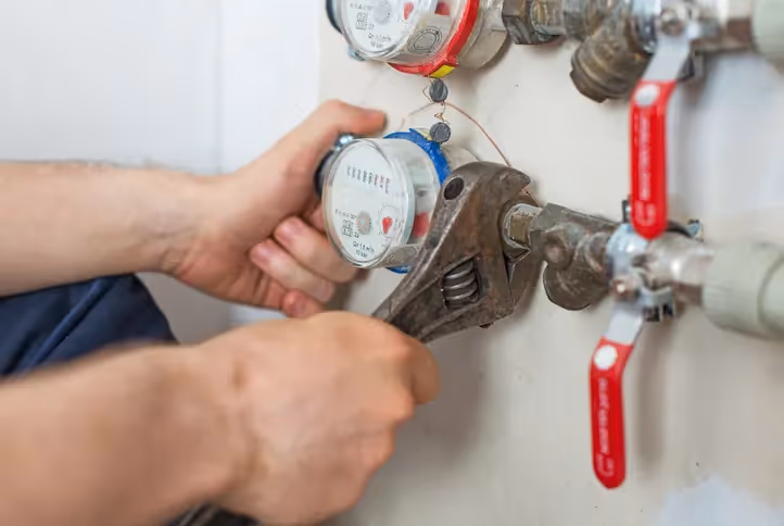 A person's hands use a wrench to adjust a blue-ringed water meter and its brass plumbing, with other meters and red-handled valves visible.