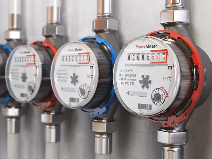 A close-up of multiple modern residential water meters lined up on a wall, featuring digital readouts and red and blue accents.