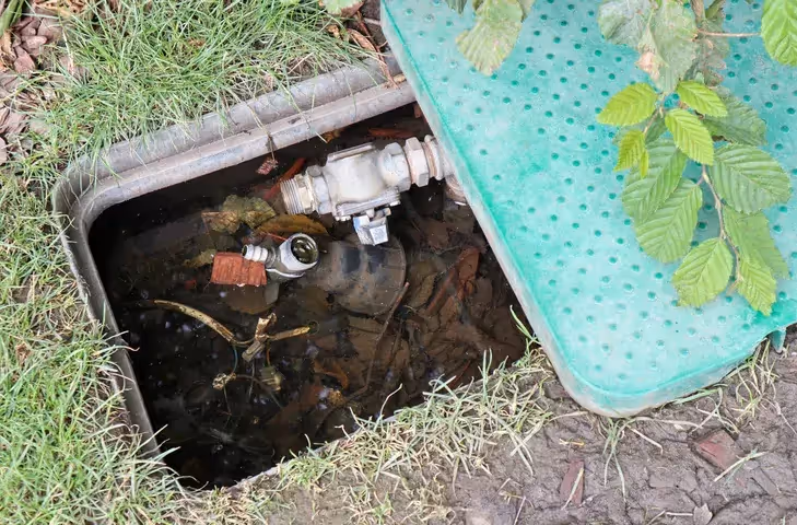 An open outdoor utility box reveals a submerged water meter and pipes, surrounded by water, leaves, and grass.