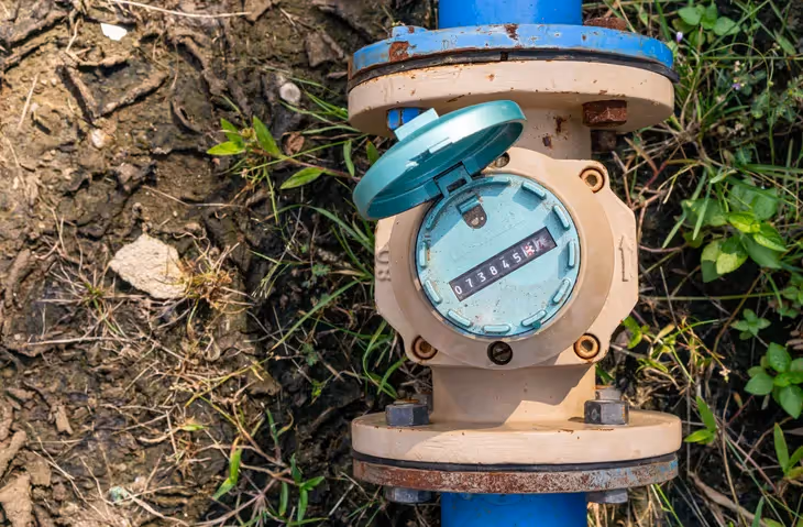 A close-up of an old, green-capped water meter with a digital readout, connected to a rusty, large blue pipe in an outdoor setting with dirt and grass.