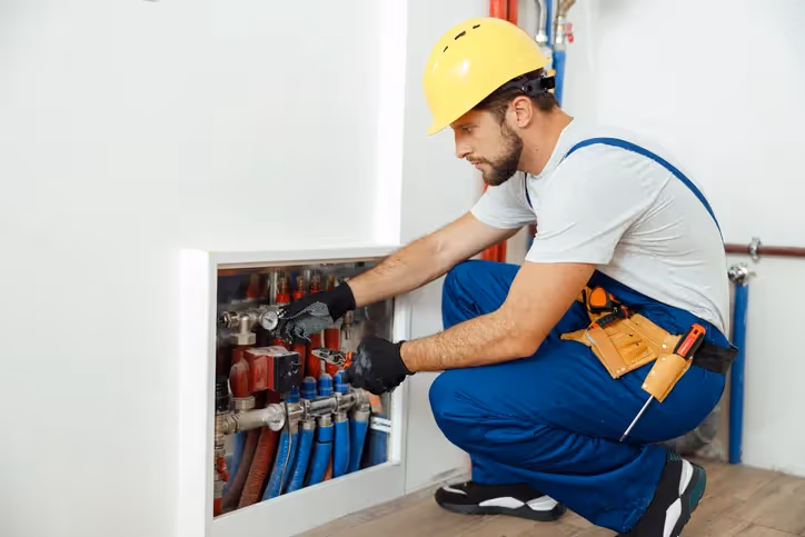A plumber in a yellow hard hat and blue overalls kneels, wearing gloves, and uses tools to work on a complex manifold of red and blue pipes inside a wall-mounted cabinet.