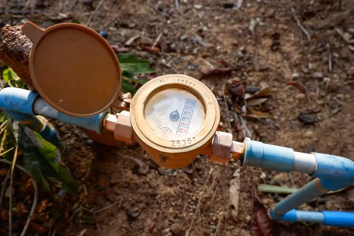 An overhead view of an outdoor brass water meter with an open brown lid, connected by blue pipes, lying on brown dirt and scattered leaves.