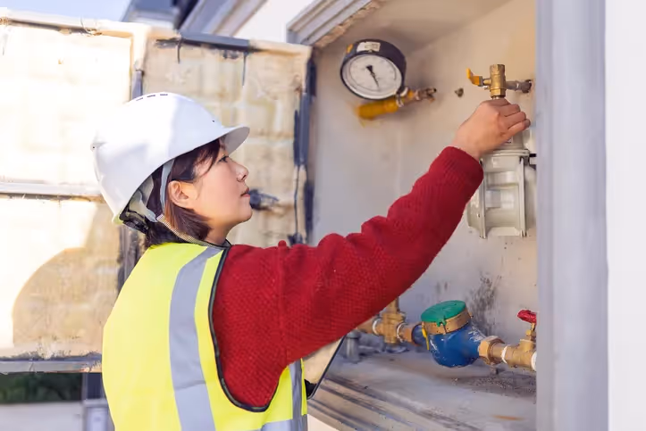 A female technician in a white hard hat and yellow safety vest is seen from the side, reaching into an outdoor utility box to adjust a brass valve above a water meter.