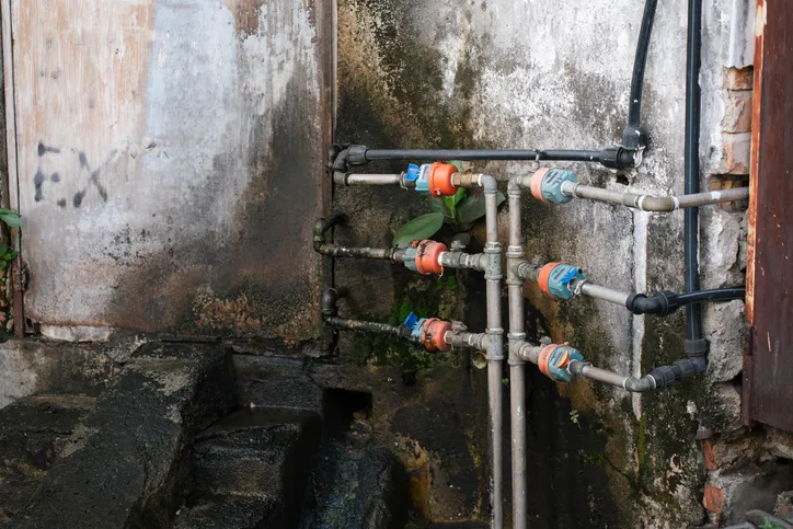 An outdoor wall features a complex system of multiple water meters with red and blue accents, connected by various pipes, against a stained and weathered surface.