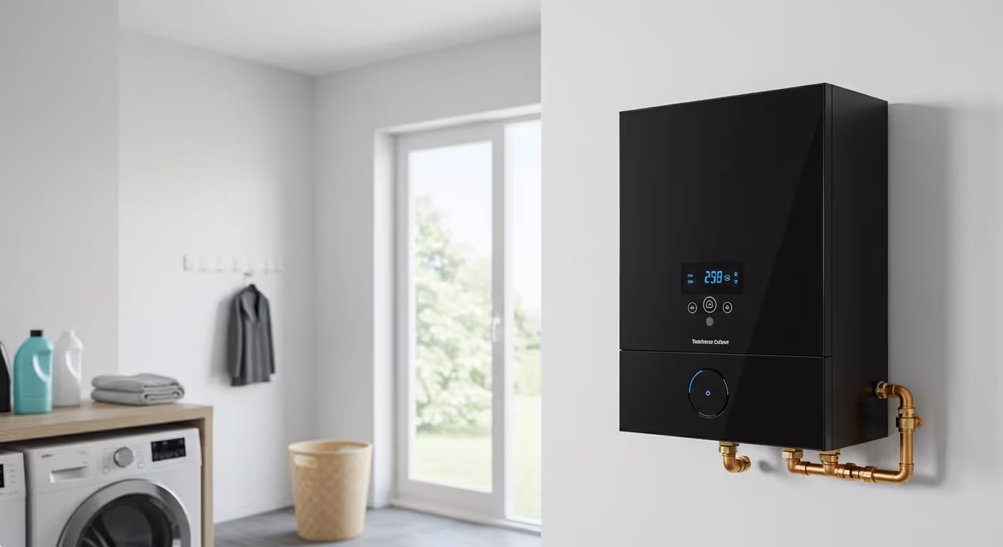 A modern, sleek black tankless water heater with a blue digital display is mounted on a white wall in a laundry room with a washing machine and a large window in the background.
