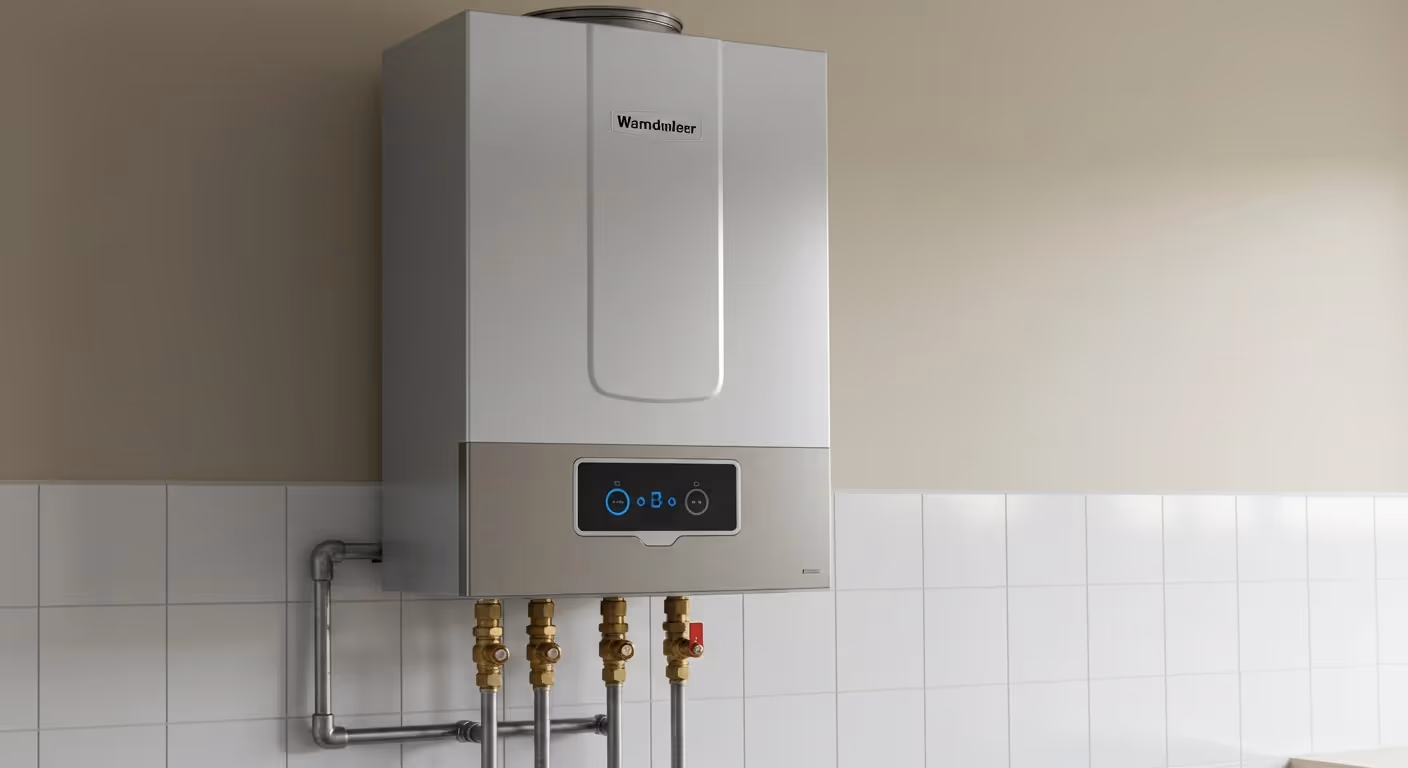 A close-up of a white and silver "Warndinleef" brand tankless water heater is mounted on a wall with white subway tiles, showing brass pipes and a red valve connected underneath.