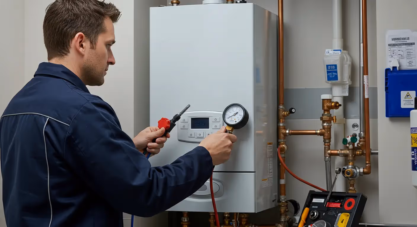  A heating technician, wearing a dark blue uniform, is inspecting a wall-mounted boiler. He is holding a tool and a pressure gauge, which is connected to the boiler's plumbing. The boiler has a digital display and several buttons. To the right, copper pipes and other plumbing fixtures are visible, along with a toolbox containing various tools.