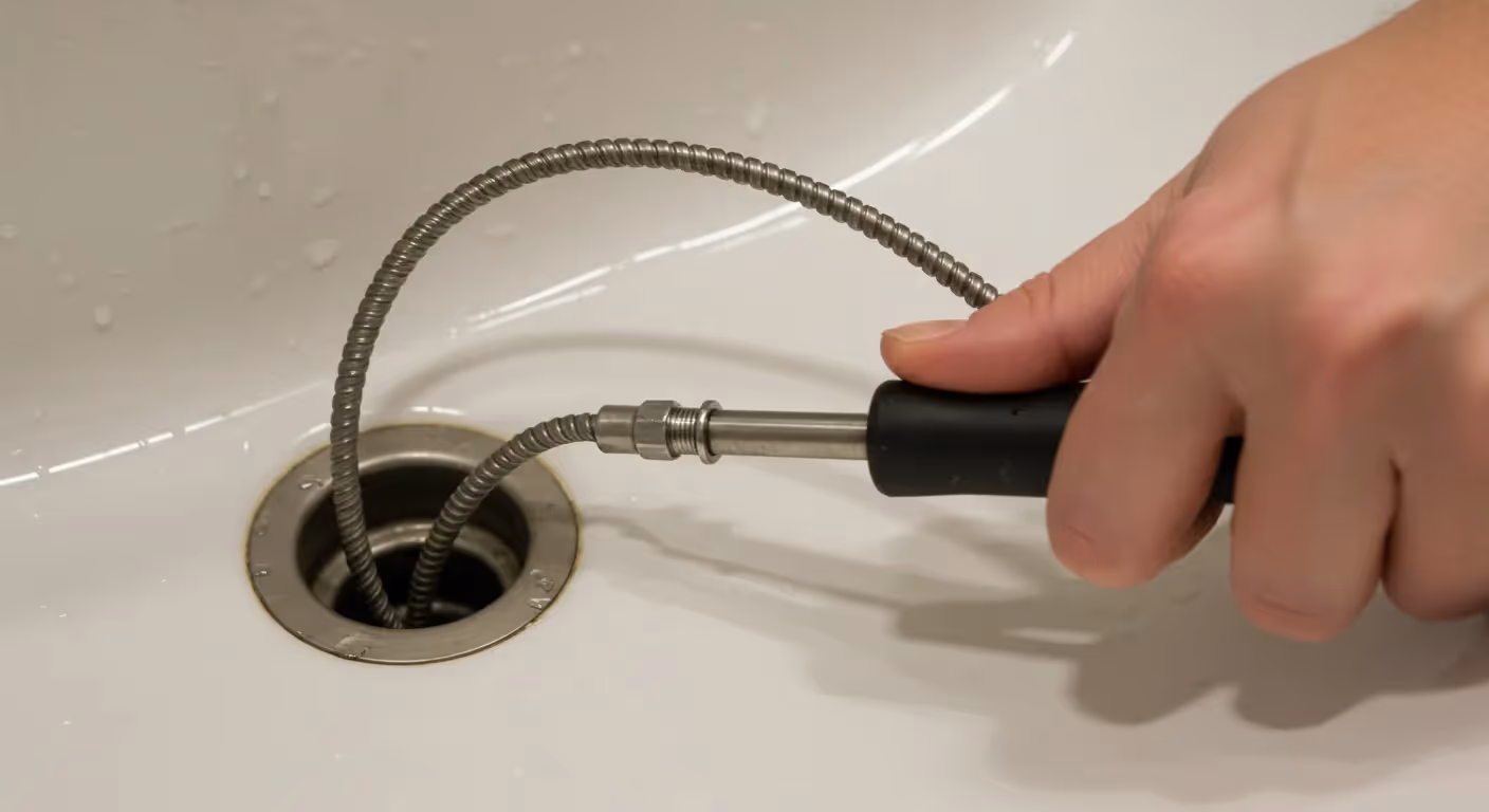 A close-up of a person's hand using a thin, flexible metal drain snake with a black handle to clear a clog from the drain of a white sink, with water droplets visible on the porcelain surface.