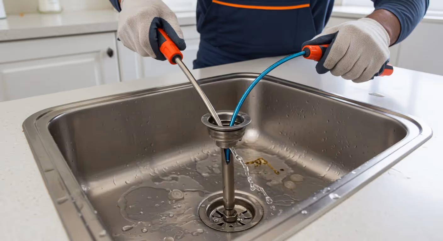 A plumber wearing white and orange work gloves is using a blue flexible drain snake and a metal tool to clear a clog from a stainless steel kitchen sink.