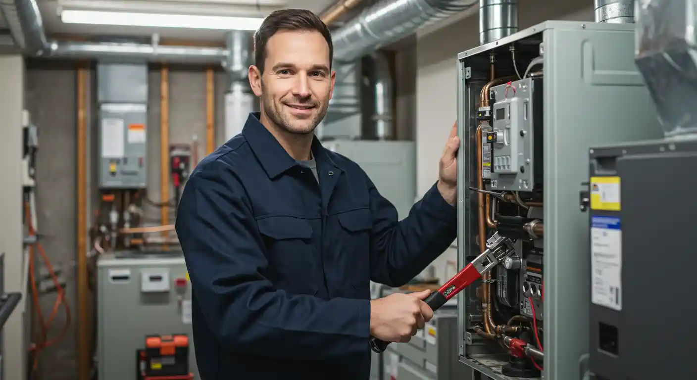  A friendly male HVAC technician, wearing a dark blue uniform, is smiling at the camera while holding a red-handled wrench and standing next to an open furnace.