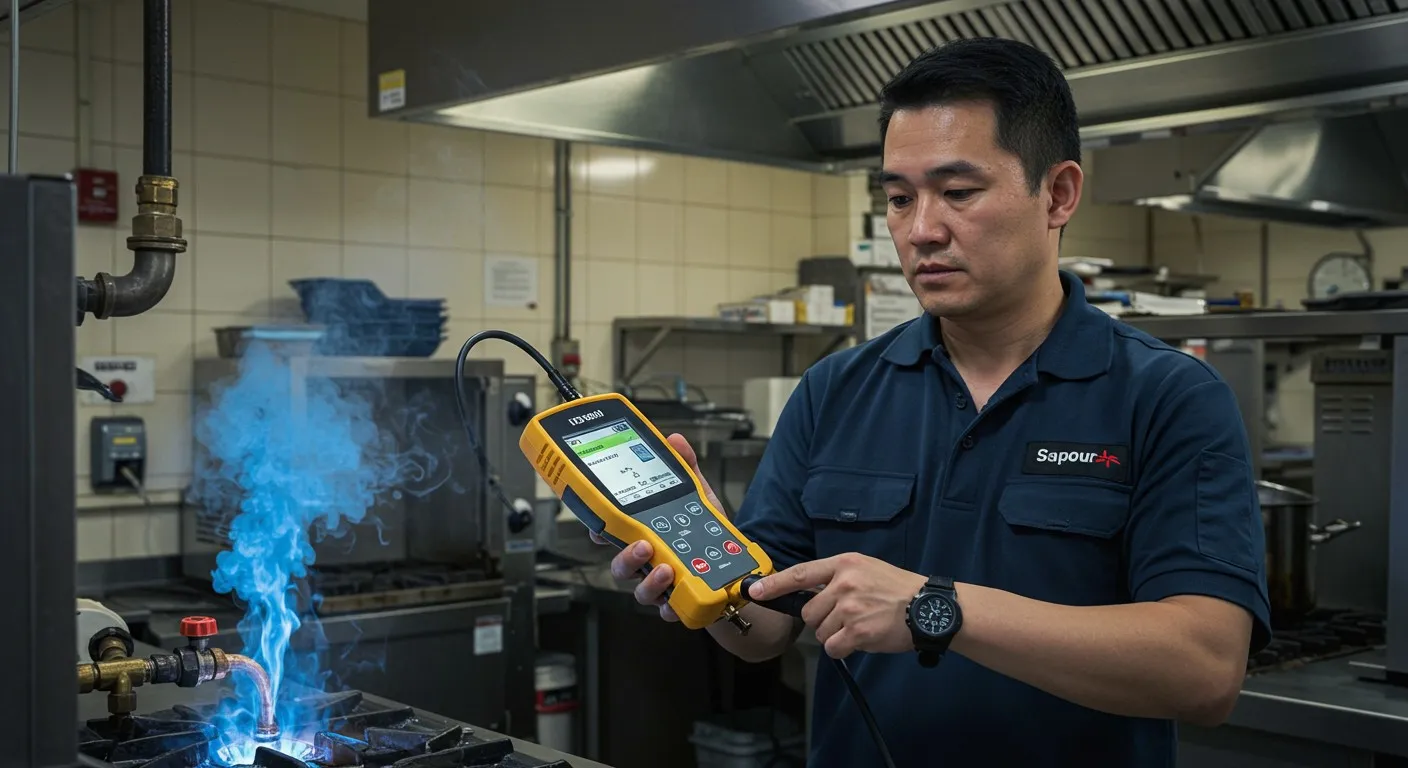 Man checking stove with detector.