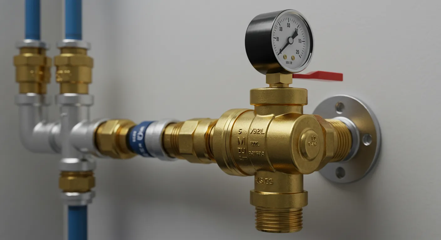 A brass pressure reducing valve assembly with a pressure gauge and a red lever, connected to blue and silver pipes and mounted to a white wall with a metal flange.