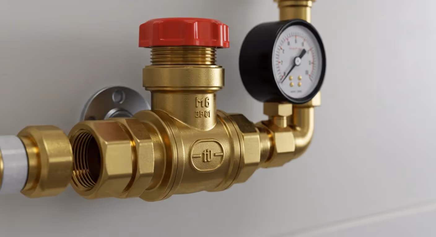 A brass pressure reducing valve with a red cap and a pressure gauge attached, integrated into a plumbing system with pipes against a light wall.
