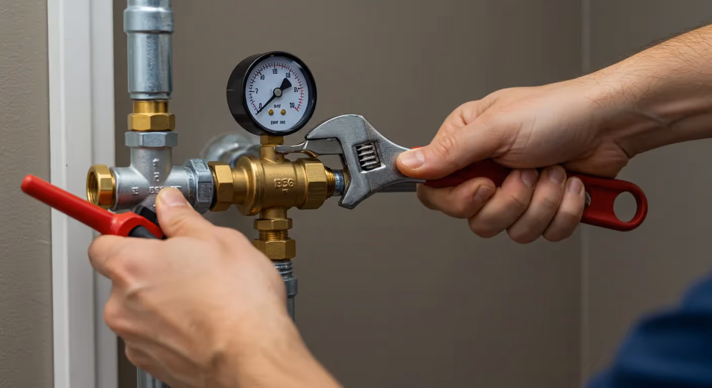 A close-up of hands using a red-handled adjustable wrench to work on a brass plumbing valve with an attached pressure gauge, connected to silver pipes. A red valve handle is visible on the left.