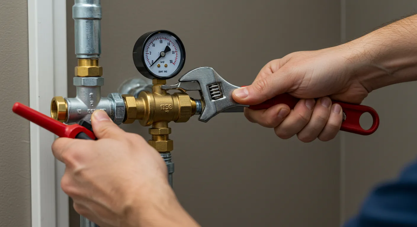 A close-up of hands using a red-handled adjustable wrench to work on a brass plumbing valve with an attached pressure gauge, connected to silver pipes. A red valve handle is visible on the left.
