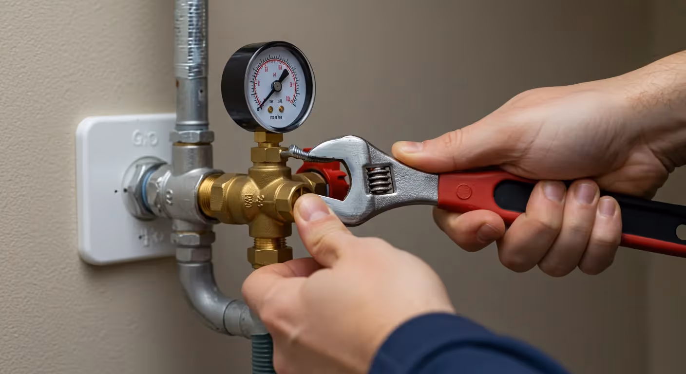 Close-up of hands using a red-handled adjustable wrench to tighten a brass plumbing fitting with an attached pressure gauge, connected to silver pipes against a light wall.
