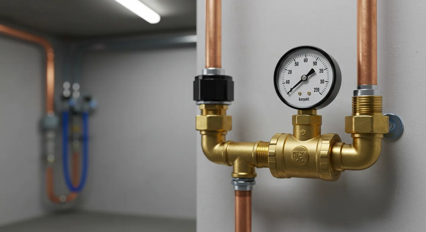 Close-up of a pressure gauge with brass fittings on copper pipes in a clean, industrial setting.