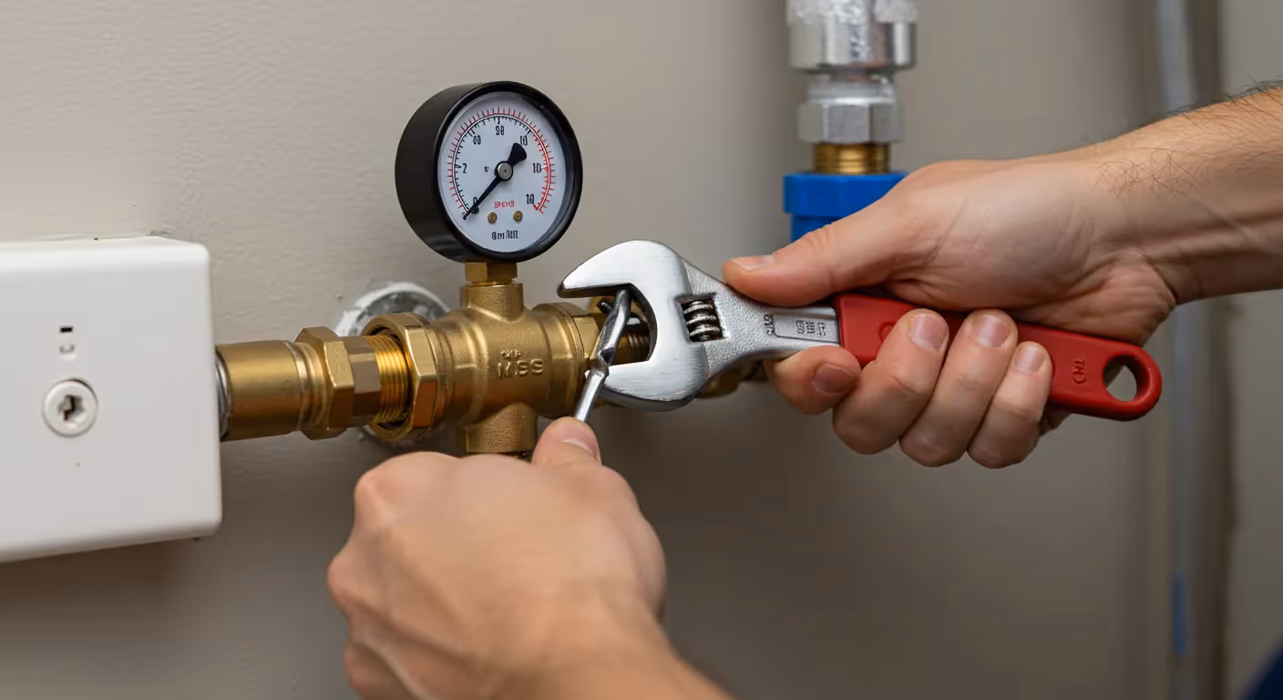 Hands using a red-handled adjustable wrench to service a brass valve with a top-mounted pressure gauge, connected to a pipe emerging from a white electrical outlet on a light wall.