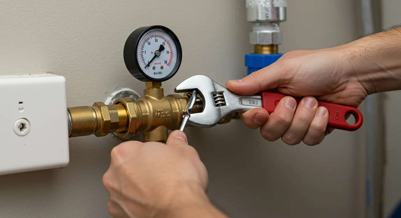 Hands using an adjustable wrench to tighten a brass valve connected to a pressure gauge, mounted on a wall.