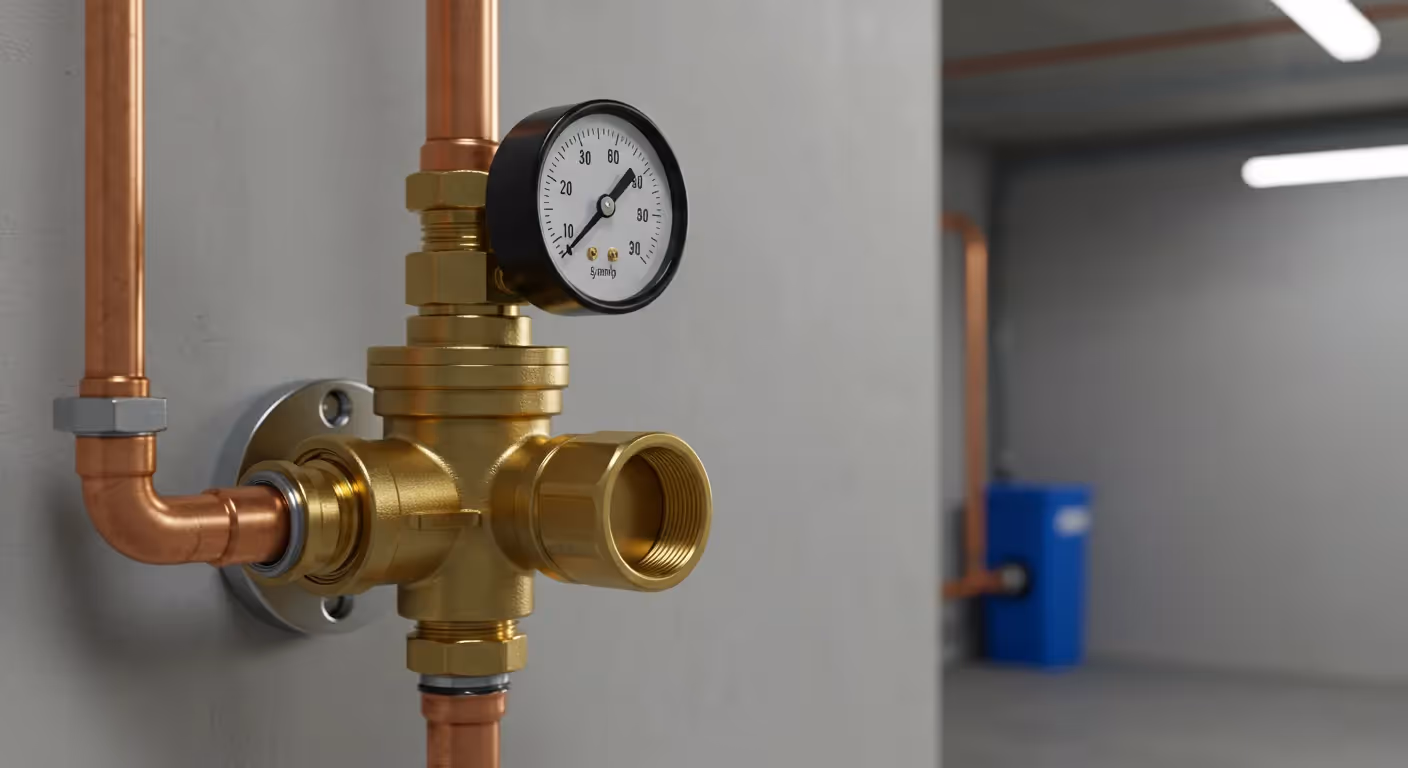A brass pressure gauge with connected copper pipes is mounted on a gray wall in a utility room. 