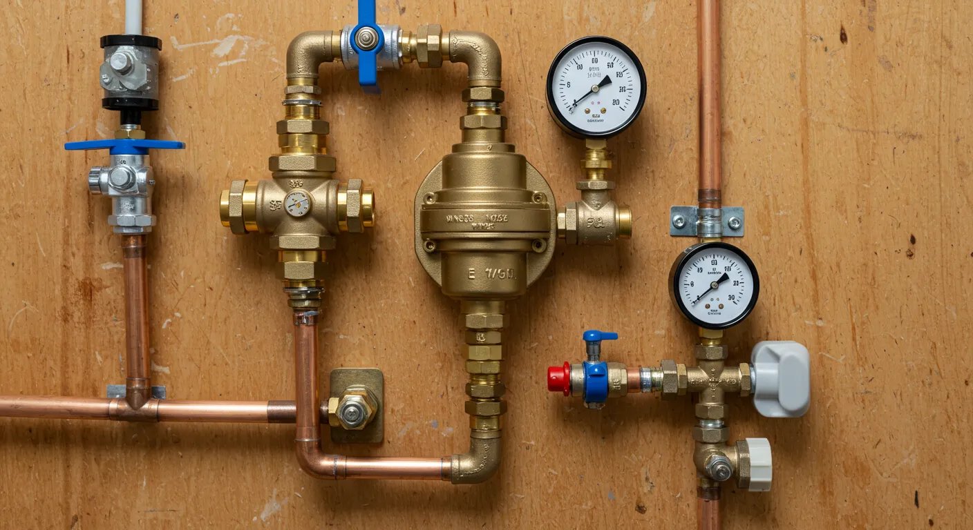 A complex plumbing setup with brass pressure reducing valves, blue-handled shut-off valves, and pressure gauges, all connected by copper and silver pipes against a light brown wooden wall.