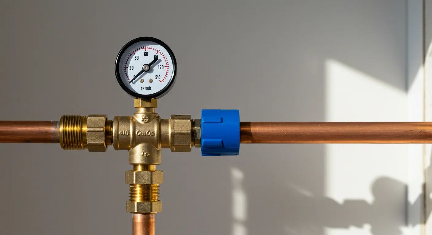 A pressure gauge on a copper pipe shows 50 psi.