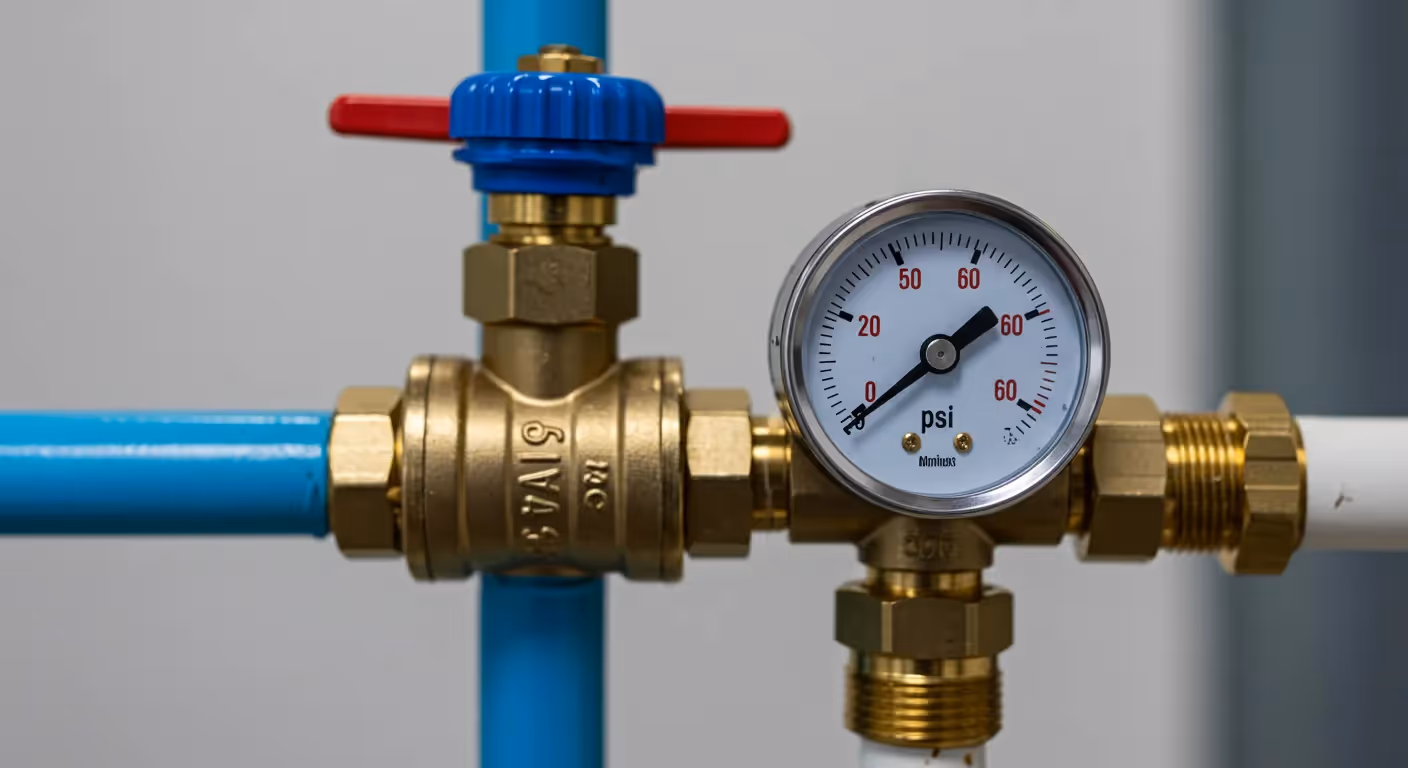 A brass water pressure valve with a white-faced PSI pressure gauge showing a reading of approximately 55 psi, connected to blue and white pipes.