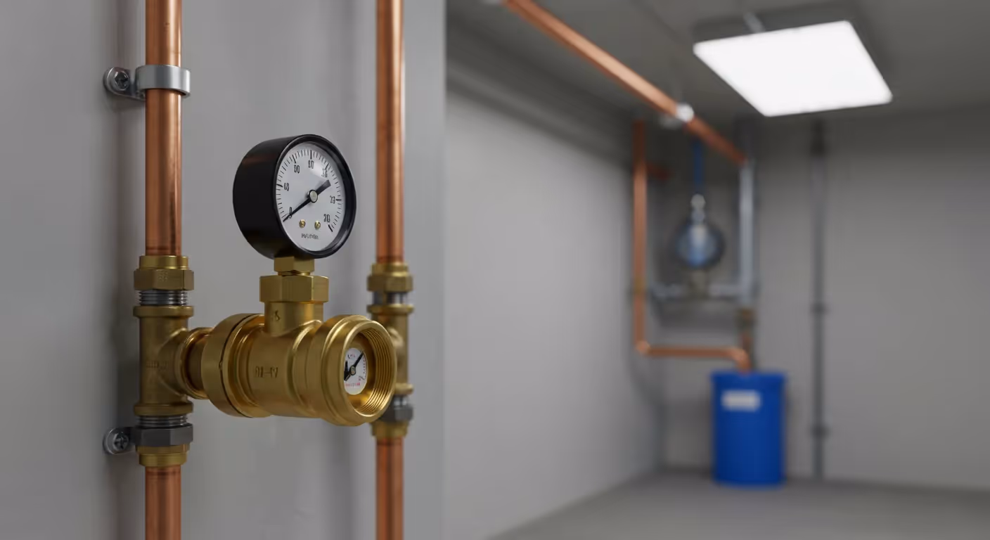 A brass pressure reducing valve and pressure gauge are centrally placed on a light gray wall, with copper pipes extending upwards and downwards, and a blurred industrial interior in the background.