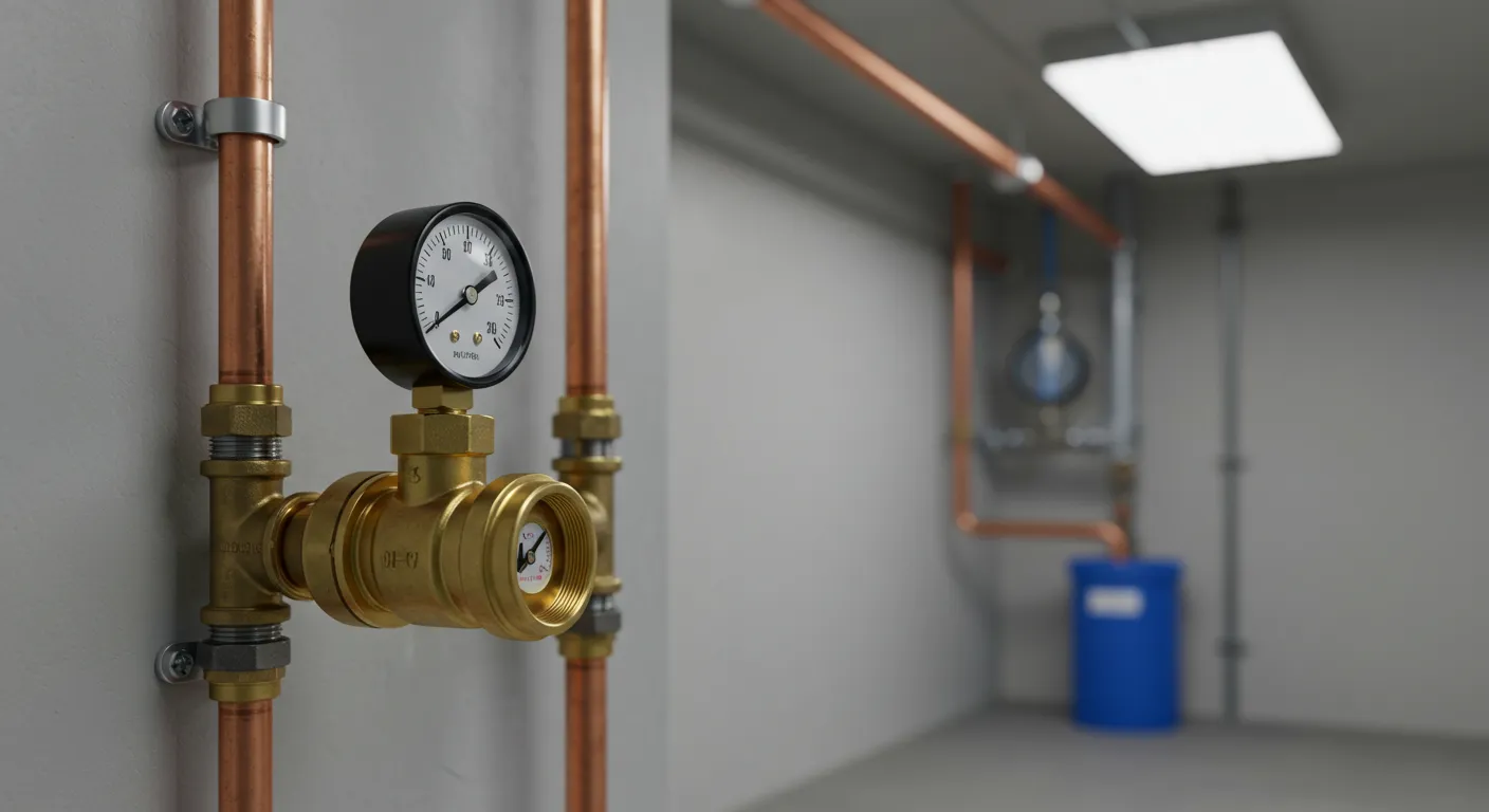 A close-up of a pressure gauge on a copper pipe in a well-lit industrial room with gray walls.