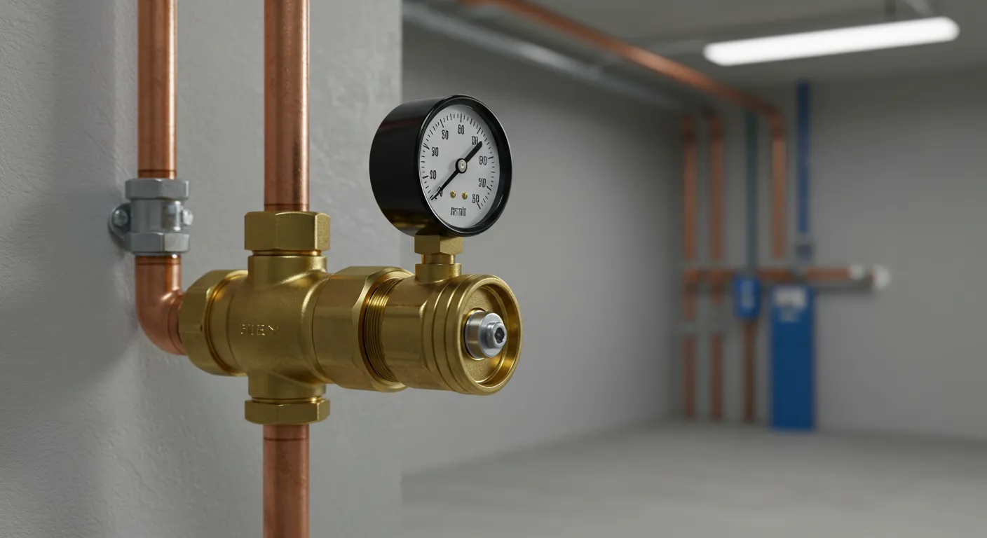 A brass pressure reducing valve with an attached pressure gauge, connected to two copper pipes mounted on a light gray wall, with blurred industrial background.