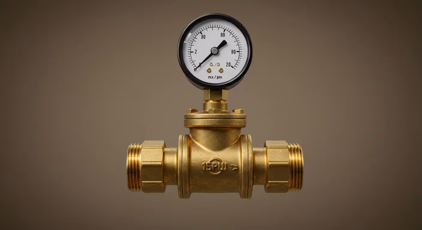 A brass pressure reducing valve with threaded ends, featuring a prominent pressure gauge displaying readings up to 100 on a dark background.
