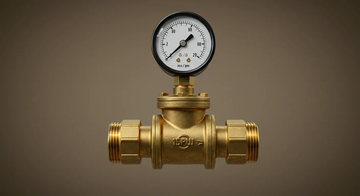 A brass pressure reducing valve with threaded ends, featuring a prominent pressure gauge displaying readings up to 100 on a dark background.