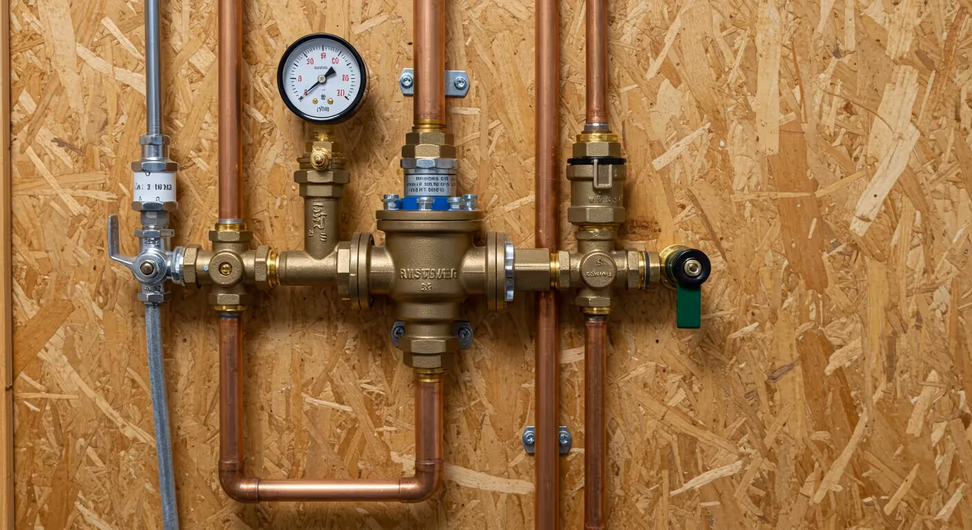 A plumbing system on a wooden wall, showcasing a prominent brass pressure reducing valve, various smaller valves (some with blue or green handles), and two pressure gauges, all connected by copper and silver pipes.