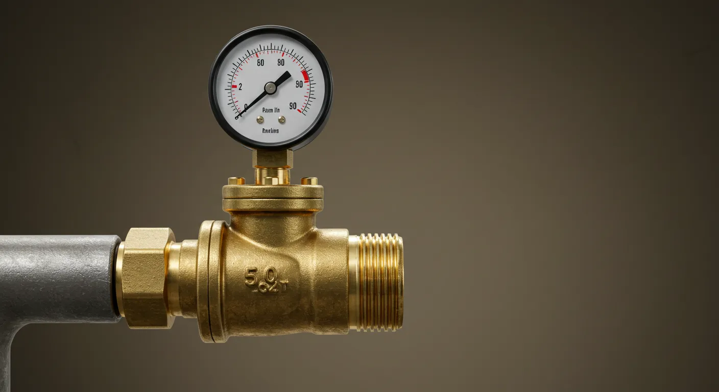 A close-up of a brass valve with a pressure gauge attached, featuring a threaded pipe connection.