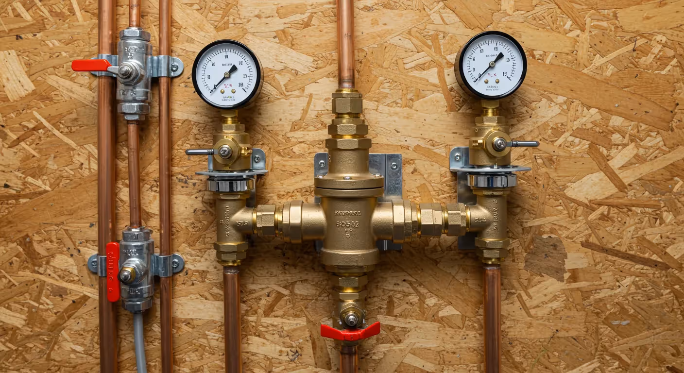 A symmetrical plumbing installation on a wooden wall, featuring a large central brass pressure reducing valve flanked by two smaller brass valve assemblies, each with a pressure gauge and connected by copper pipes.