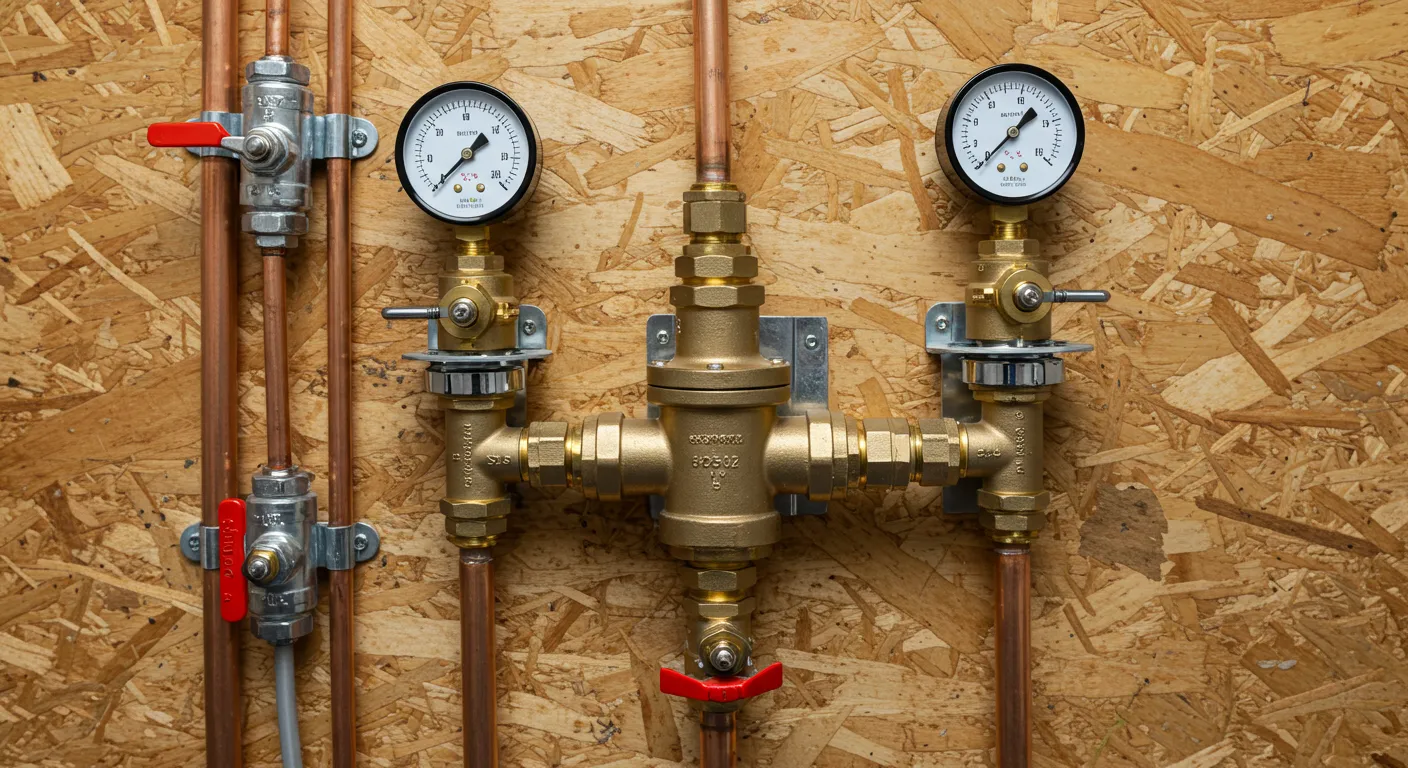 A symmetrical plumbing installation on a wooden wall, featuring a large central brass pressure reducing valve flanked by two smaller brass valve assemblies, each with a pressure gauge and connected by copper pipes.