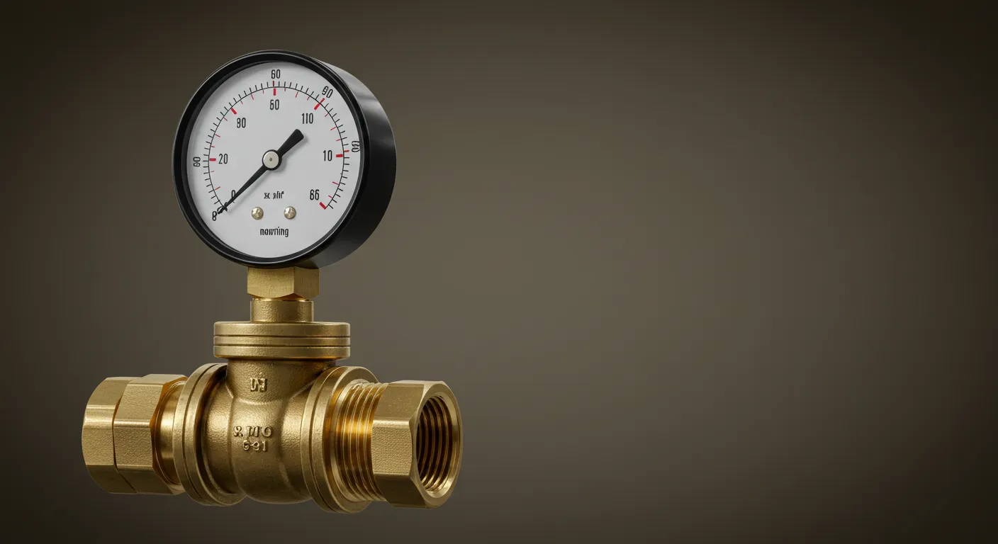 A brass pressure reducing valve with a pressure gauge indicating readings up to 110. The valve has threaded connections on both ends, set against a dark, plain background.