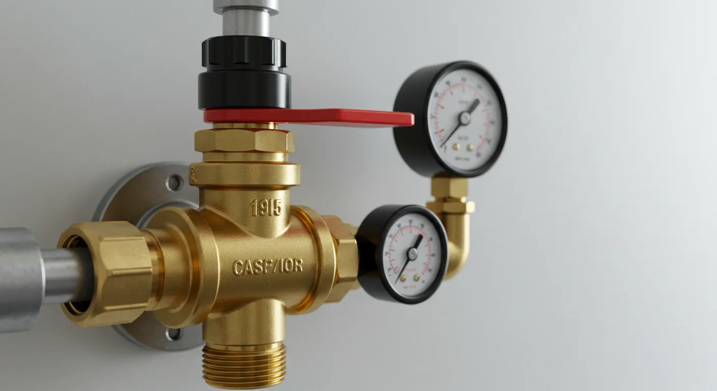 A brass plumbing assembly with a red lever and two pressure gauges, connected to a silver pipe, mounted on a white wall.