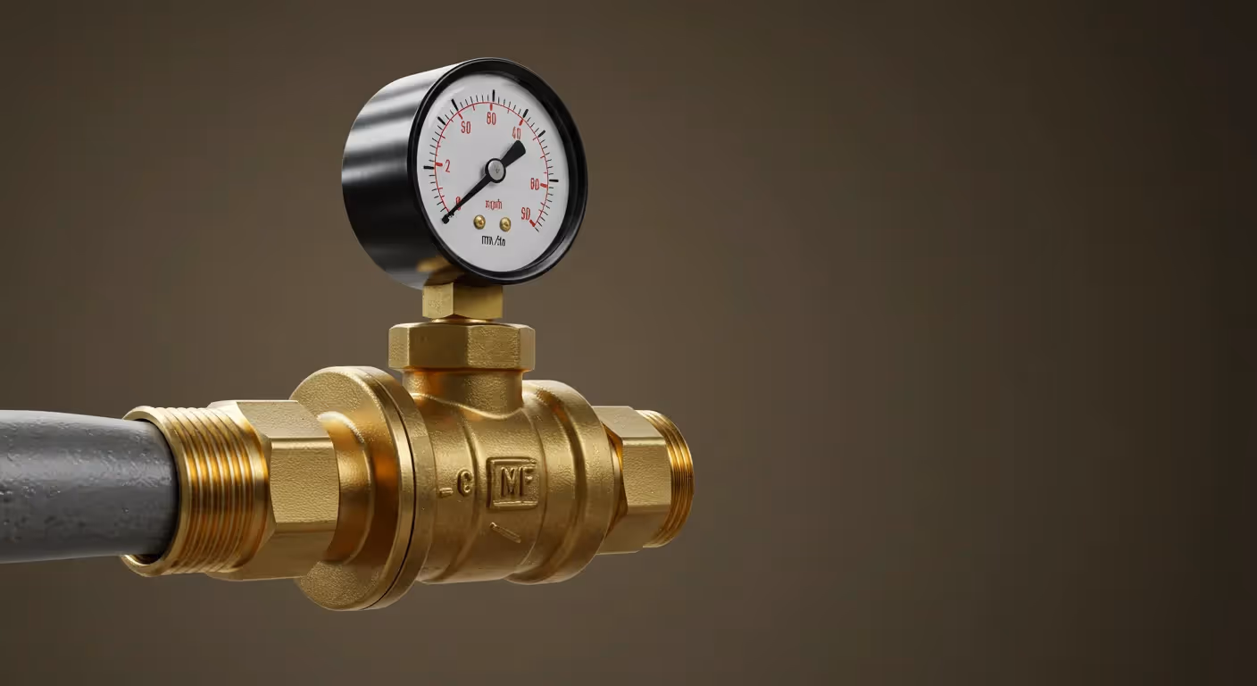 A brass pressure reducing valve with a top-mounted pressure gauge, connected to a gray pipe, set against a dark, plain background.
