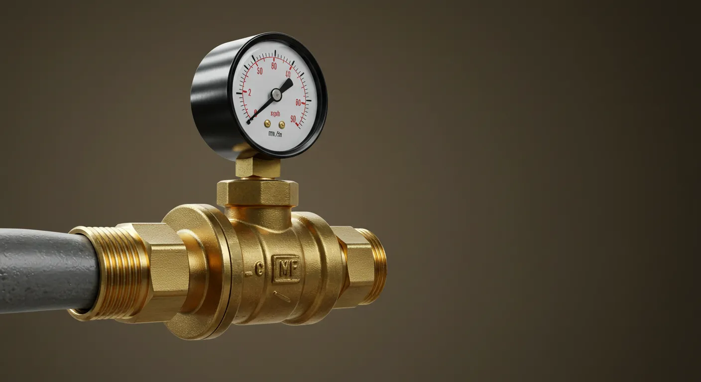 A brass pressure reducing valve with a top-mounted pressure gauge, connected to a gray pipe, set against a dark, plain background.
