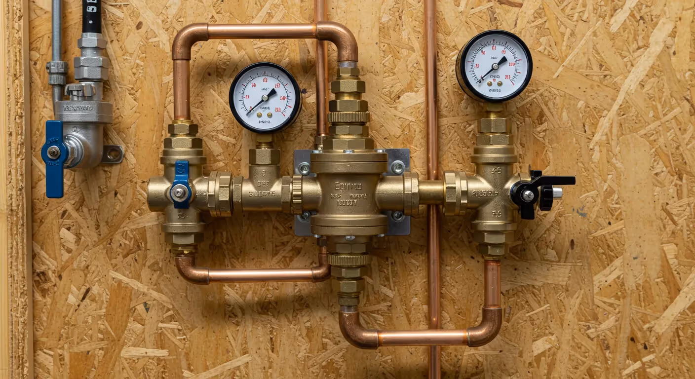 An elaborate plumbing system featuring a central brass pressure reducing valve, multiple smaller brass valves with blue and black handles, and two pressure gauges, all interconnected by copper pipes on a light wooden background.