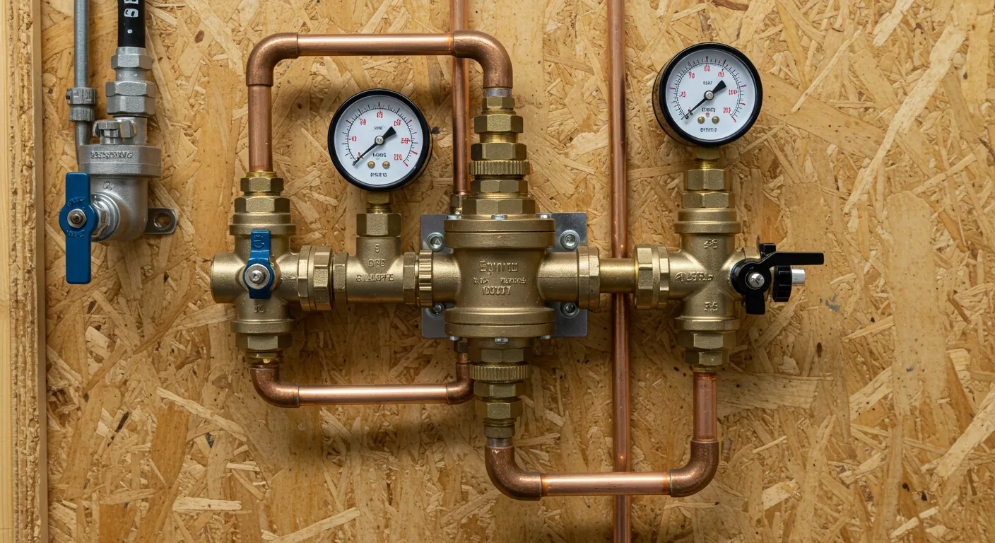 An elaborate plumbing system featuring a central brass pressure reducing valve, multiple smaller brass valves with blue and black handles, and two pressure gauges, all interconnected by copper pipes on a light wooden background.