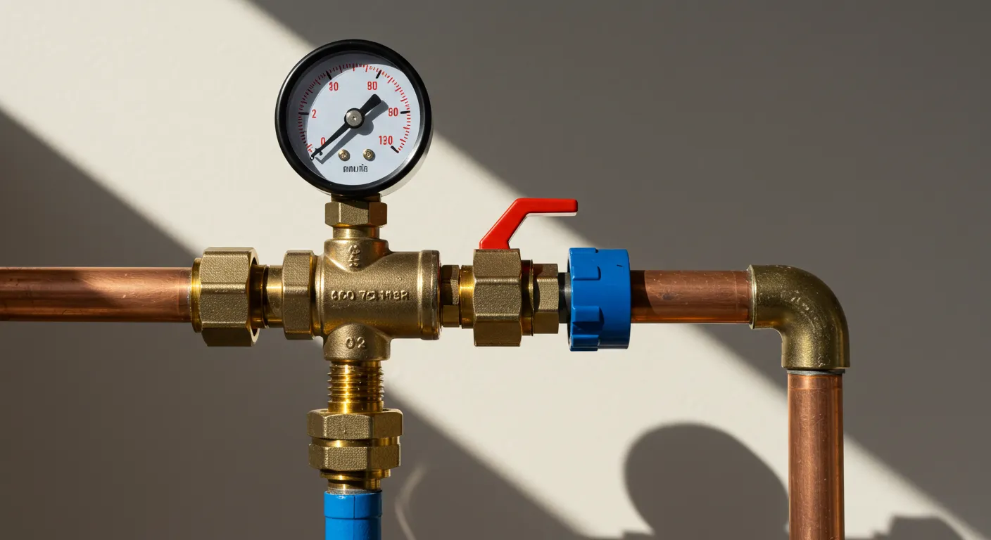 A brass water pressure valve with a black-faced pressure gauge, a red-handled lever, and a blue pipe connector, integrated into a copper piping system.