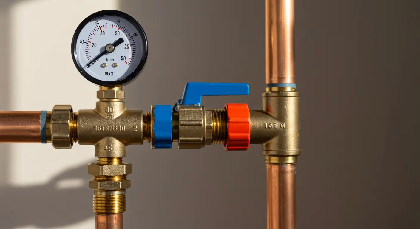 A brass water pressure valve assembly with a pressure gauge and a blue-handled lever, connecting copper pipes, with a red cap on the far right connection.