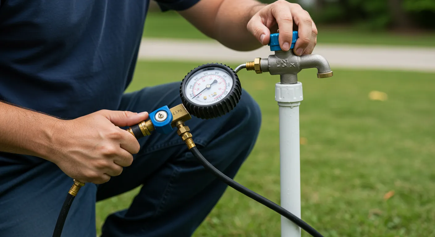 A person's hands adjusting a brass spigot with a blue handle while holding a pressure gauge connected to a black hose, with a white vertical pipe and green grass in the background.